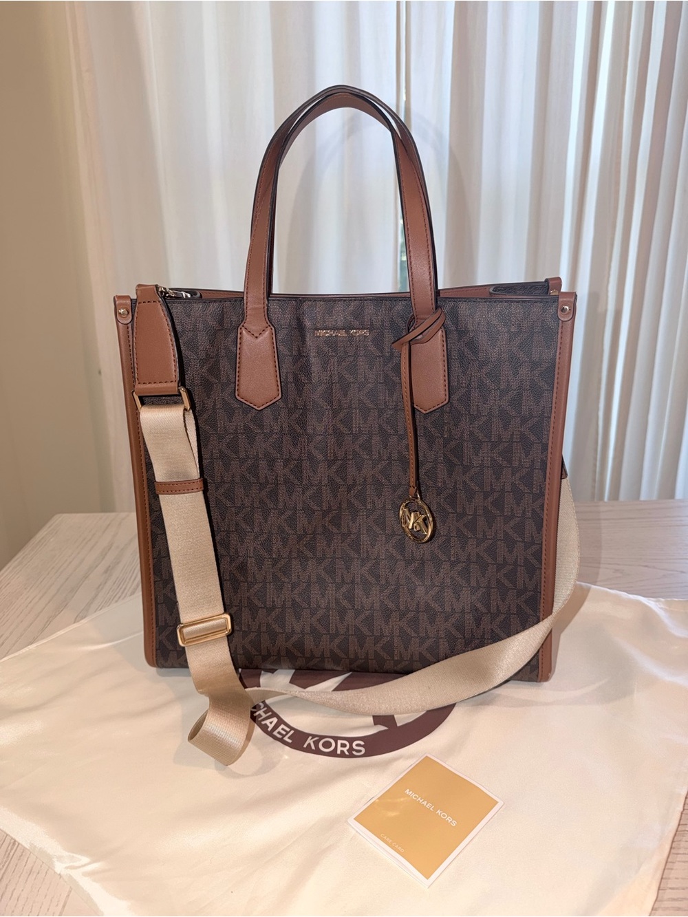 Michael Kors Brown MK Signature Messenger Tote with Tan Trim
